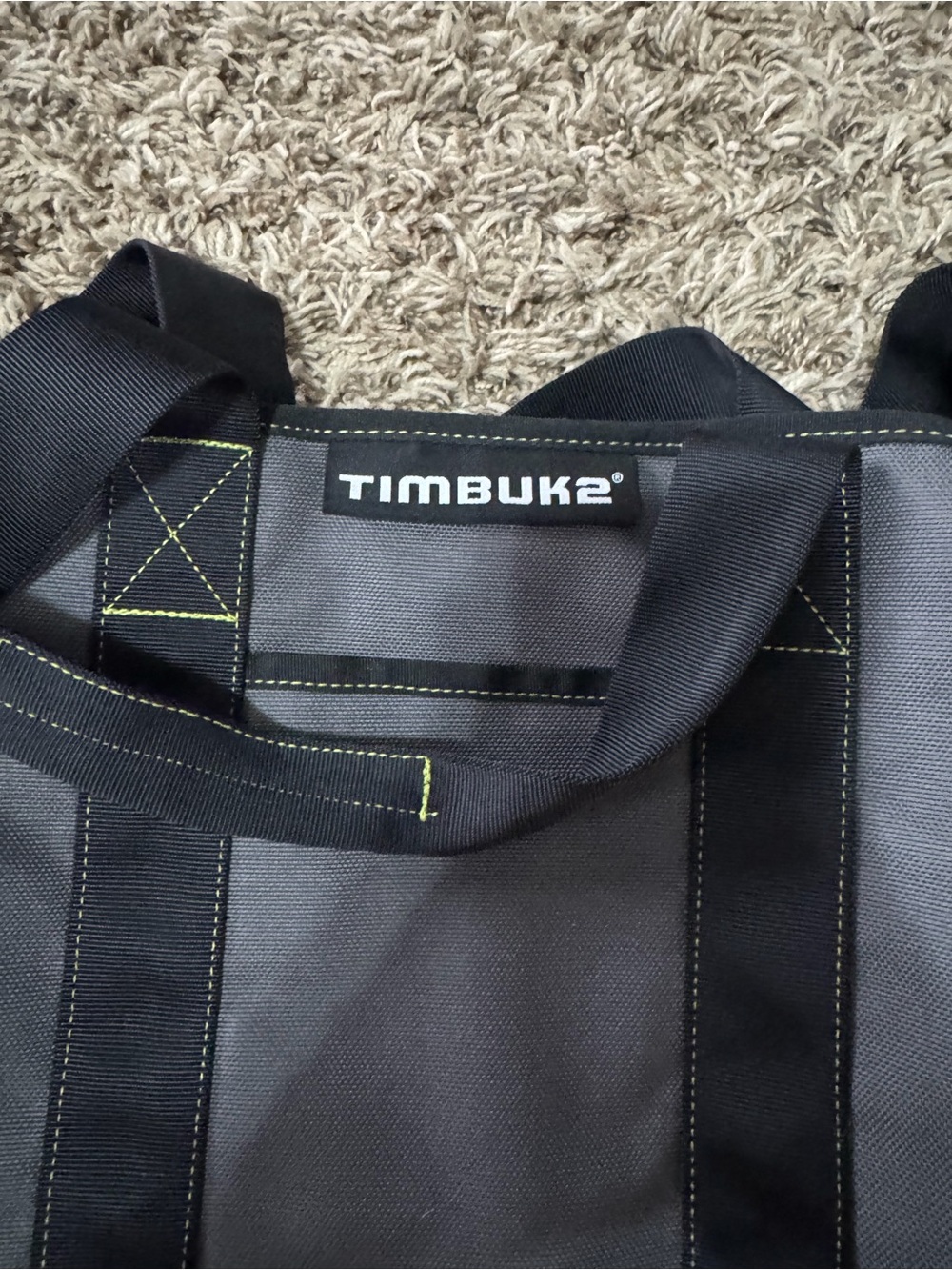 Timbuk2 Gray Tote with Black Straps and Yellow Stitching